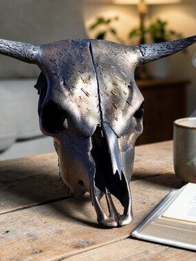 Hand-Finished Metallic Cow Skull – Gothic Western Wall Art